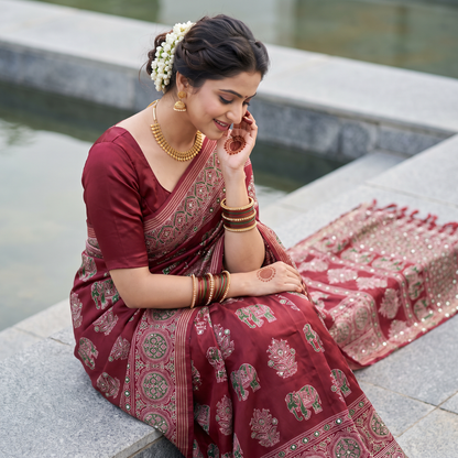 Shri Hari Sarees Women's Ethnic Ajrakh Mirror Printed Art Silk Saree with Unstitched Blouse Piece.