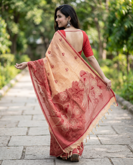 Women's Pure Linen Cotton Floral Embroidered Saree with Unstitched Blouse Piece.