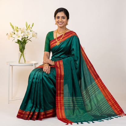 Women's Art Silk Traditional Saree with Zari Border and Unstitched Blouse Piece.