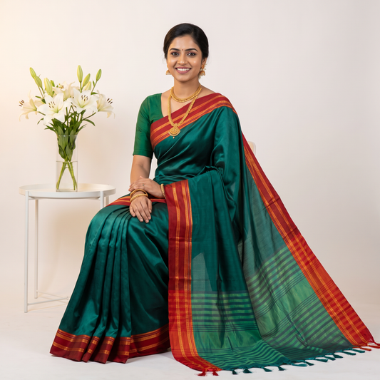 Women's Art Silk Traditional Saree with Zari Border and Unstitched Blouse Piece.
