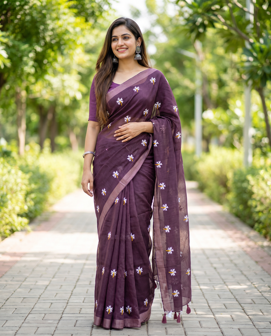 Women's Pure Linen Cotton Floral Embroidered Saree with Unstitched Blouse Piece.