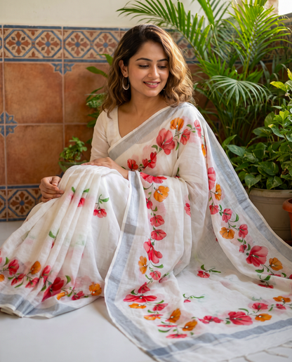 Women's Cotton Linen Blend Floral Printed Saree with Silver Zari Border & Unstitched Blouse Piece.