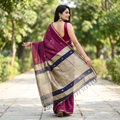 Women's Traditional Chanderi Cotton Linen Blend Saree with Zari Woven Border & Unstitched Blouse Piece.