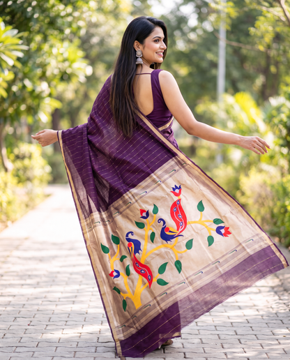 Women's Paithani Silk Blend Saree with Zari Woven Striped Lines and Peacock Floral Pallu including Unstitched Blouse Piece.