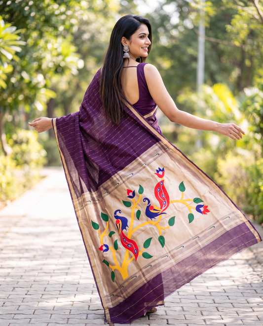Women's Paithani Silk Blend Saree with Zari Woven Striped Lines and Peacock Floral Pallu including Unstitched Blouse Piece.