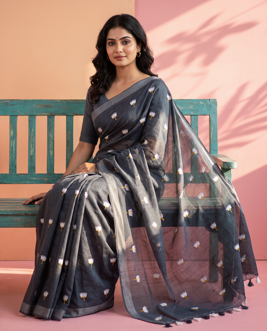 Women's Pure Linen Cotton Floral Embroidered Saree with Unstitched Blouse Piece.