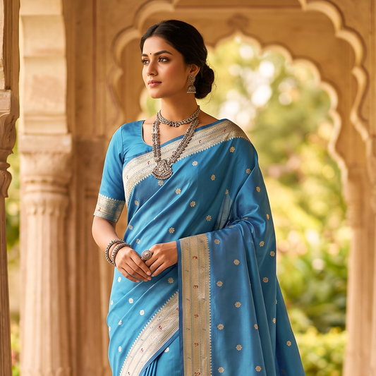 Banarasi Soft Silk Saree Festive Woven Jacquard Zari Border Sarees with Unstitched Blouse Piece.
