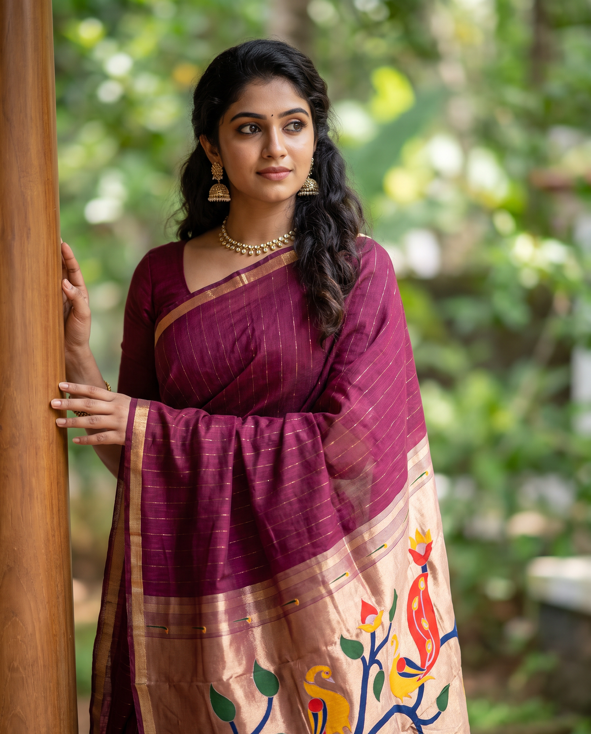 Women's Paithani Silk Blend Saree with Zari Woven Striped Lines and Peacock Floral Pallu including Unstitched Blouse Piece.