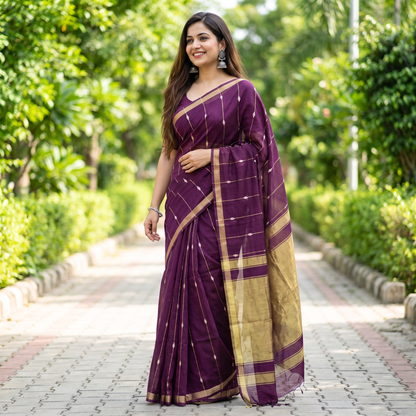 Women's Zari Maheshswari Cotton Blend Zari Woven Saree with Unstitched Blouse Piece.