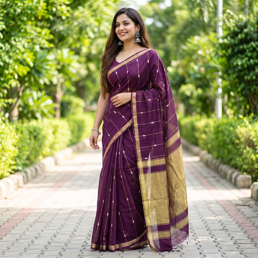 Women's Zari Maheshswari Cotton Blend Zari Woven Saree with Unstitched Blouse Piece.