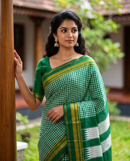 Women's Synthetic Silk Blend Checked Saree with Contrast Border & Unstitched Blouse Piece.