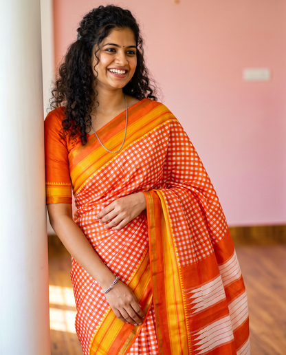 Women's Synthetic Silk Blend Checked Saree with Contrast Border & Unstitched Blouse Piece.