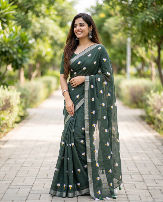 Women's Pure Linen Cotton Floral Embroidered Saree with Unstitched Blouse Piece.