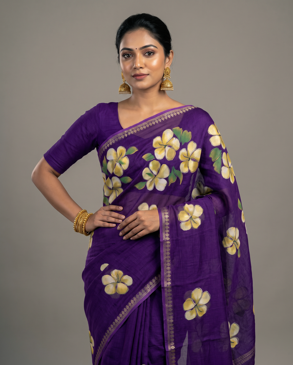 Women's Floral Hand Printed Dull Moss Saree with Unstitched Blouse Piece.