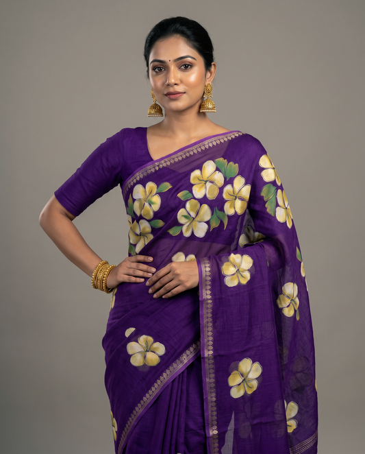 Women's Floral Hand Printed Dull Moss Saree with Unstitched Blouse Piece.