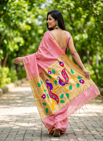 Women's Paithani Style Woven Linen Cotton Saree with Unstitched Blouse Piece.