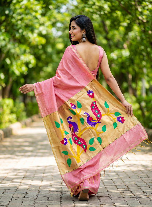Women's Paithani Style Woven Linen Cotton Saree with Unstitched Blouse Piece.
