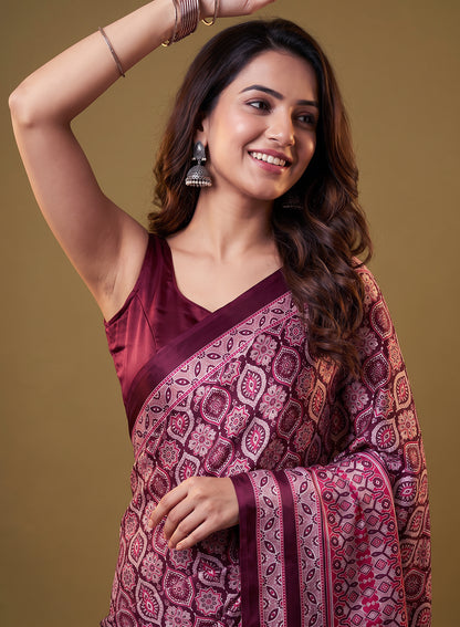 Women's Traditional Floral Block Printed Art Silk Saree with Unstitched Blouse Piece.