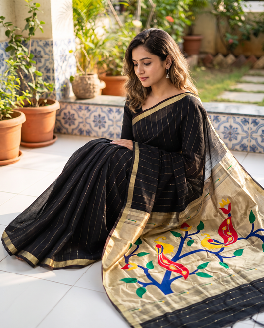 Women's Paithani Silk Blend Saree with Zari Woven Striped Lines and Peacock Floral Pallu including Unstitched Blouse Piece.