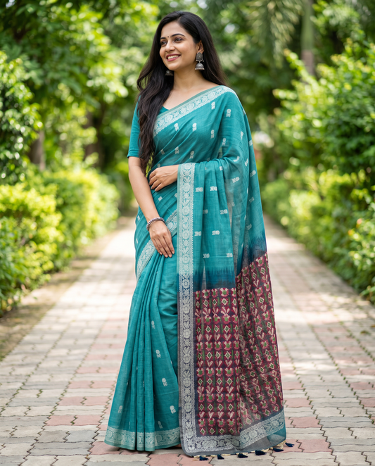 Women's Woven Design Linen Cotton Blend Saree with Unstitched Blouse Piece.