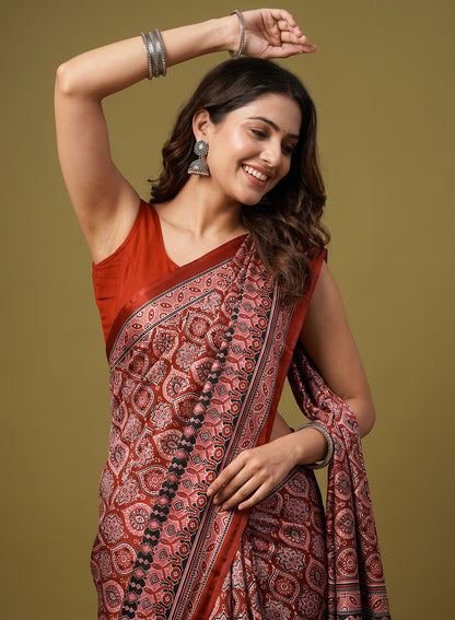 Women's Traditional Floral Block Printed Art Silk Saree with Unstitched Blouse Piece.