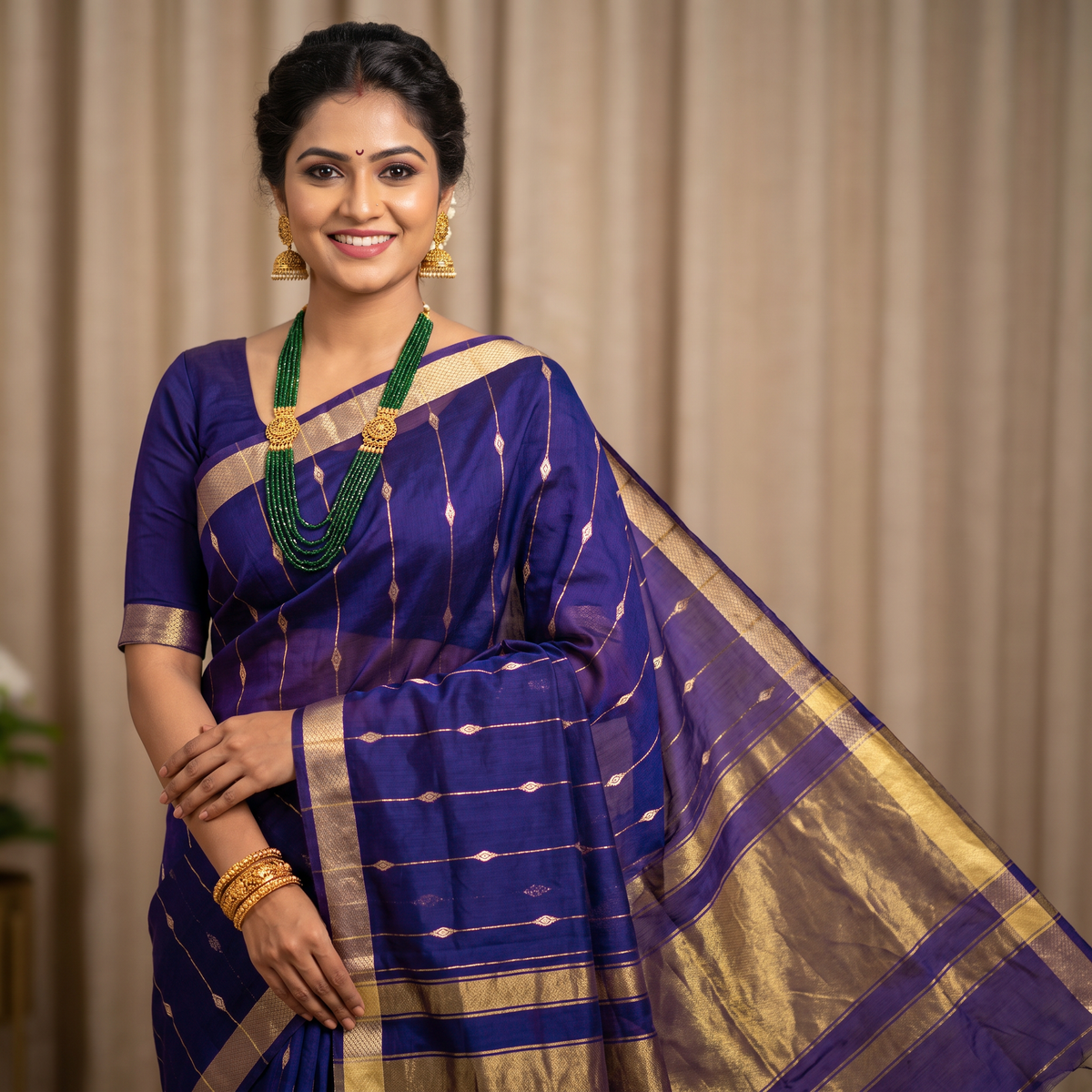 Women's Zari Maheshswari Cotton Blend Zari Woven Saree with Unstitched Blouse Piece.