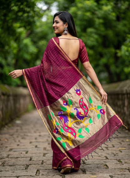 Women's Paithani Style Woven Linen Cotton Saree with Unstitched Blouse Piece.