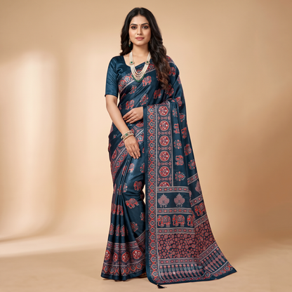 Shri Hari Sarees Women's Ethnic Ajrakh Mirror Printed Art Silk Saree with Unstitched Blouse Piece.