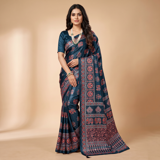 Shri Hari Sarees Women's Ethnic Ajrakh Mirror Printed Art Silk Saree with Unstitched Blouse Piece.