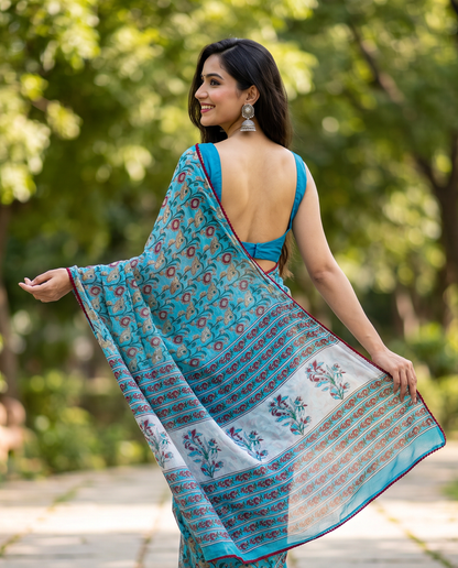 Women's Floral Print Chiffon Saree with Unstitched Blouse Piece.