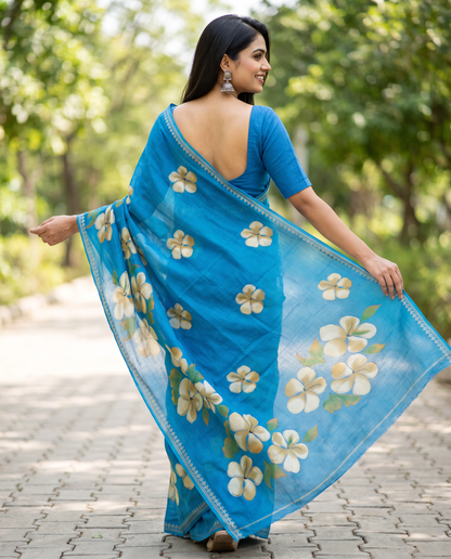 Women's Floral Hand Printed Dull Moss Saree with Unstitched Blouse Piece.