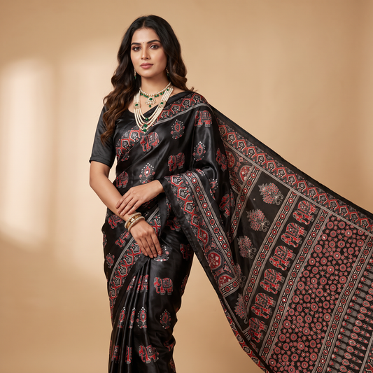Shri Hari Sarees Women's Ethnic Ajrakh Mirror Printed Art Silk Saree with Unstitched Blouse Piece.