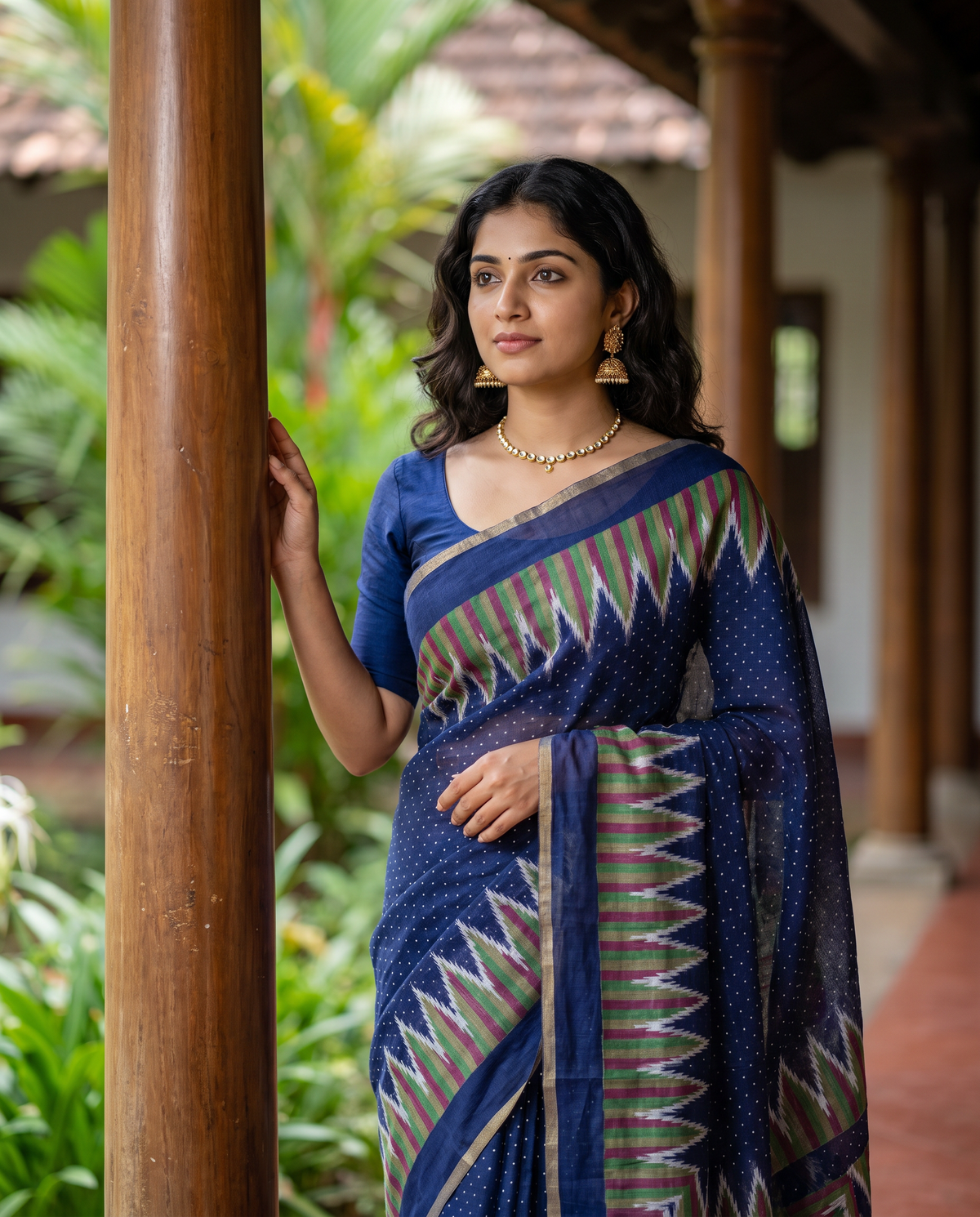 Women's Cotton Blend Ikat Print Saree with Unstitched Blouse Piece.