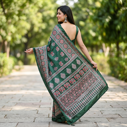 Shri Hari Sarees Women's Ethnic Ajrakh Mirror Printed Art Silk Saree with Unstitched Blouse Piece.