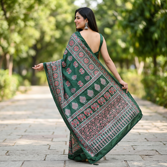 Shri Hari Sarees Women's Ethnic Ajrakh Mirror Printed Art Silk Saree with Unstitched Blouse Piece.