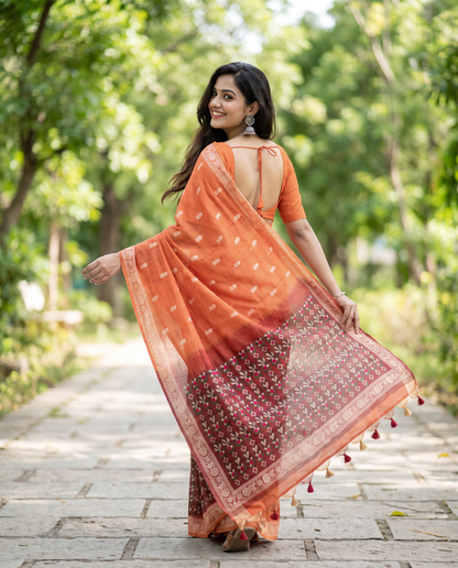 Women's Woven Design Linen Cotton Blend Saree with Unstitched Blouse Piece.