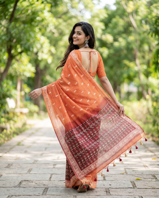 Women's Woven Design Linen Cotton Blend Saree with Unstitched Blouse Piece.