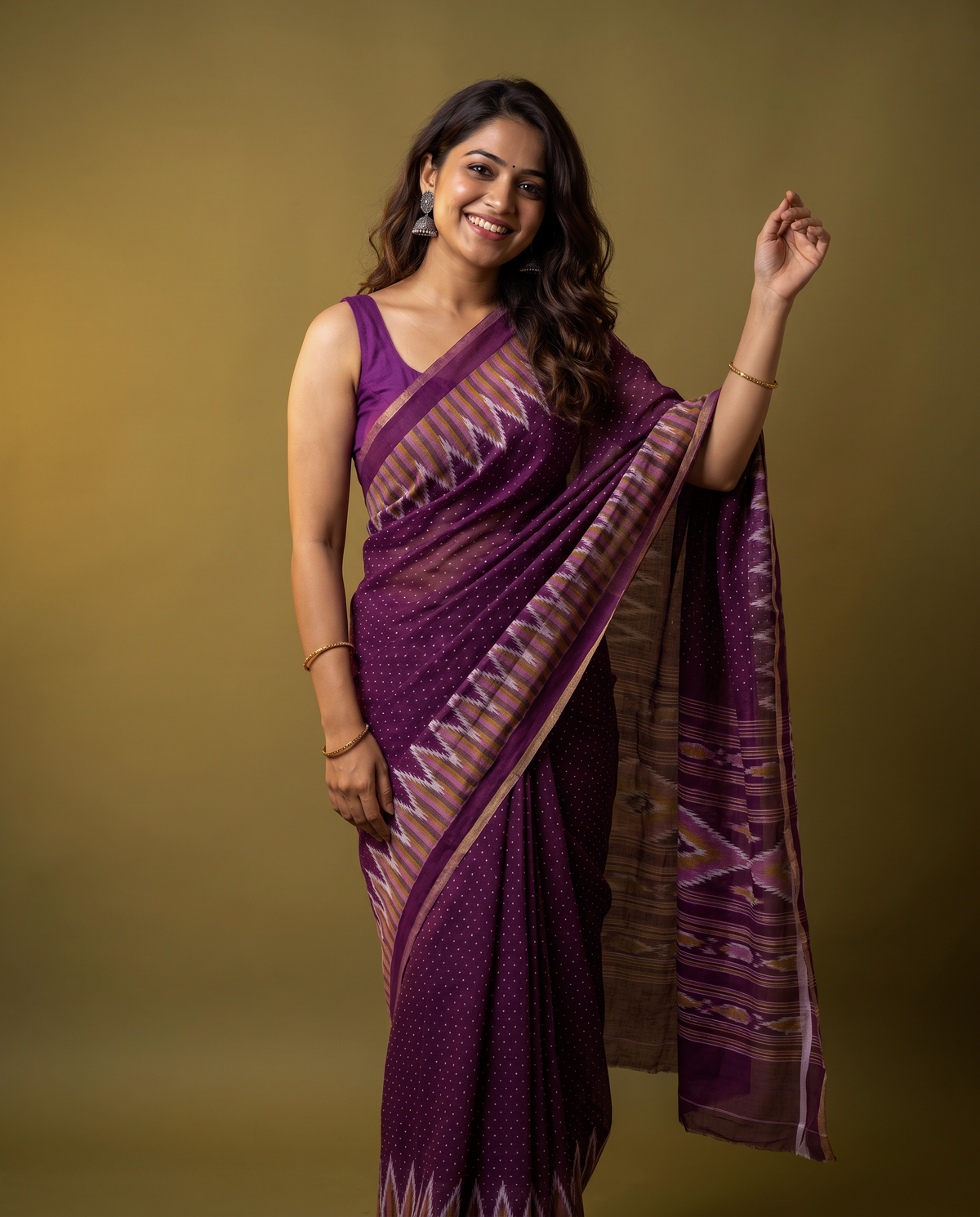Women's Cotton Blend Ikat Print Saree with Unstitched Blouse Piece.