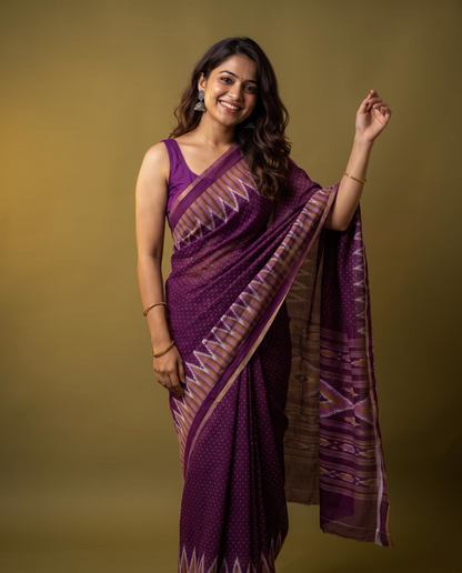 Women's Cotton Blend Ikat Print Saree with Unstitched Blouse Piece.