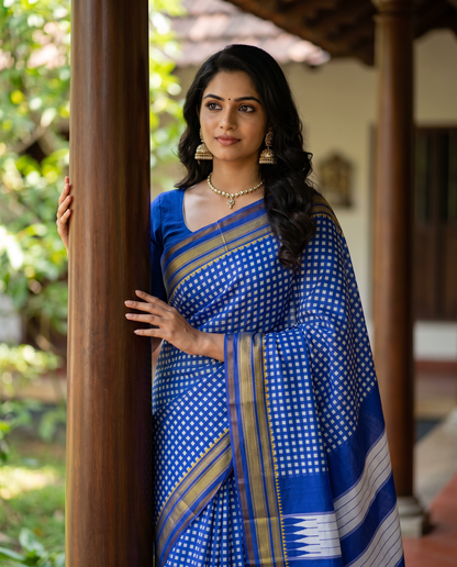 Women's Synthetic Silk Blend Checked Saree with Contrast Border & Unstitched Blouse Piece.