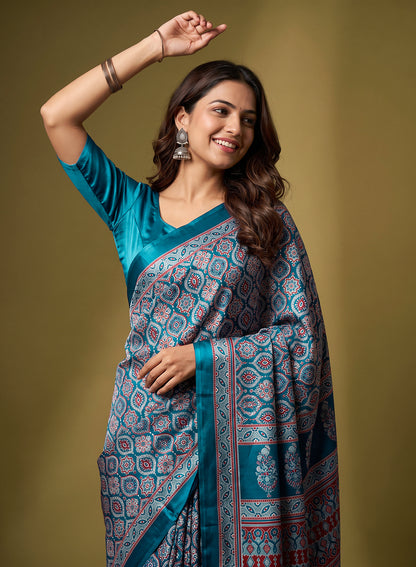 Women's Traditional Floral Block Printed Art Silk Saree with Unstitched Blouse Piece.