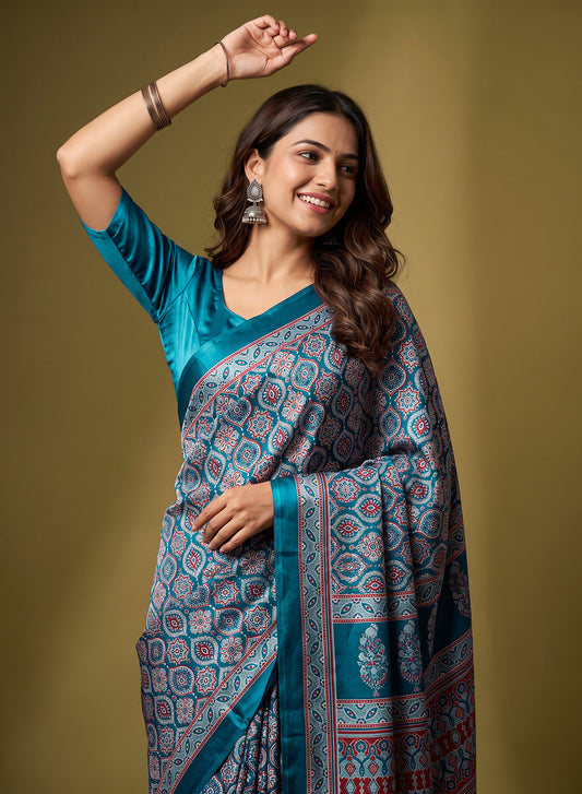 Women's Traditional Floral Block Printed Art Silk Saree with Unstitched Blouse Piece.