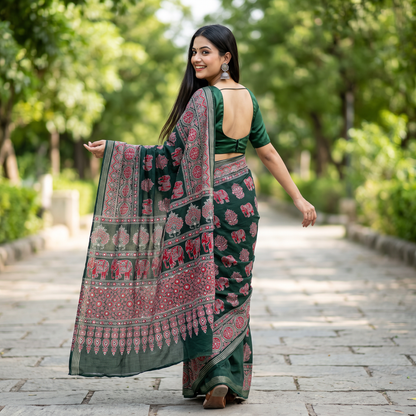 Shri Hari Sarees Women's Ethnic Ajrakh Mirror Printed Art Silk Saree with Unstitched Blouse Piece.