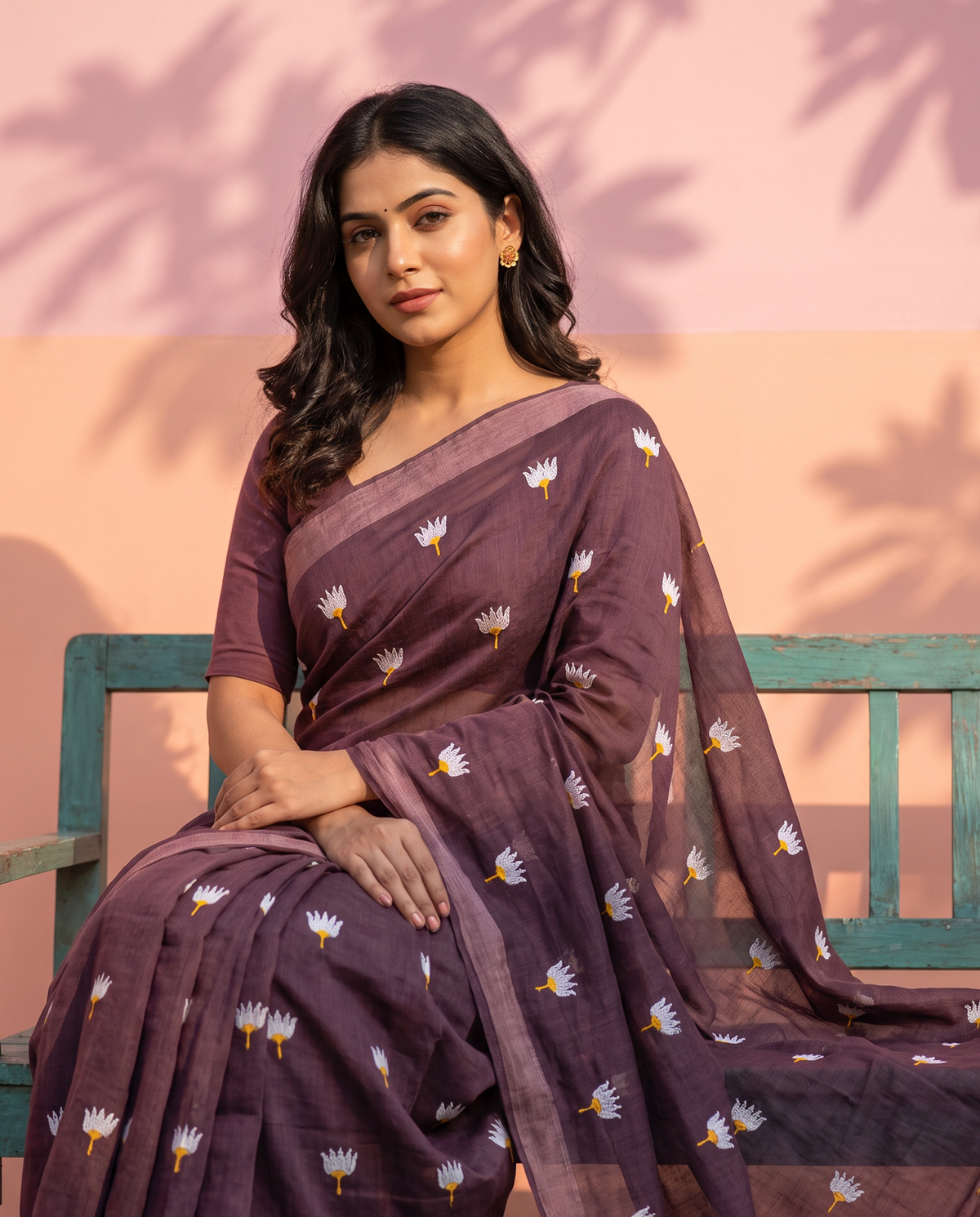 Women's Pure Linen Cotton Floral Embroidered Saree with Unstitched Blouse Piece.