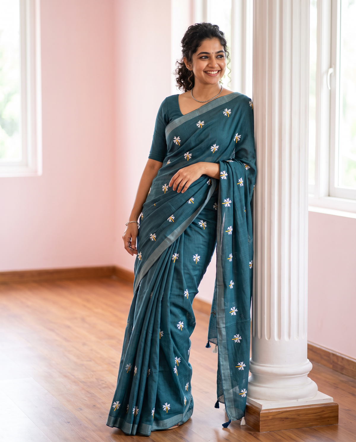 Women's Pure Linen Cotton Floral Embroidered Saree with Unstitched Blouse Piece.