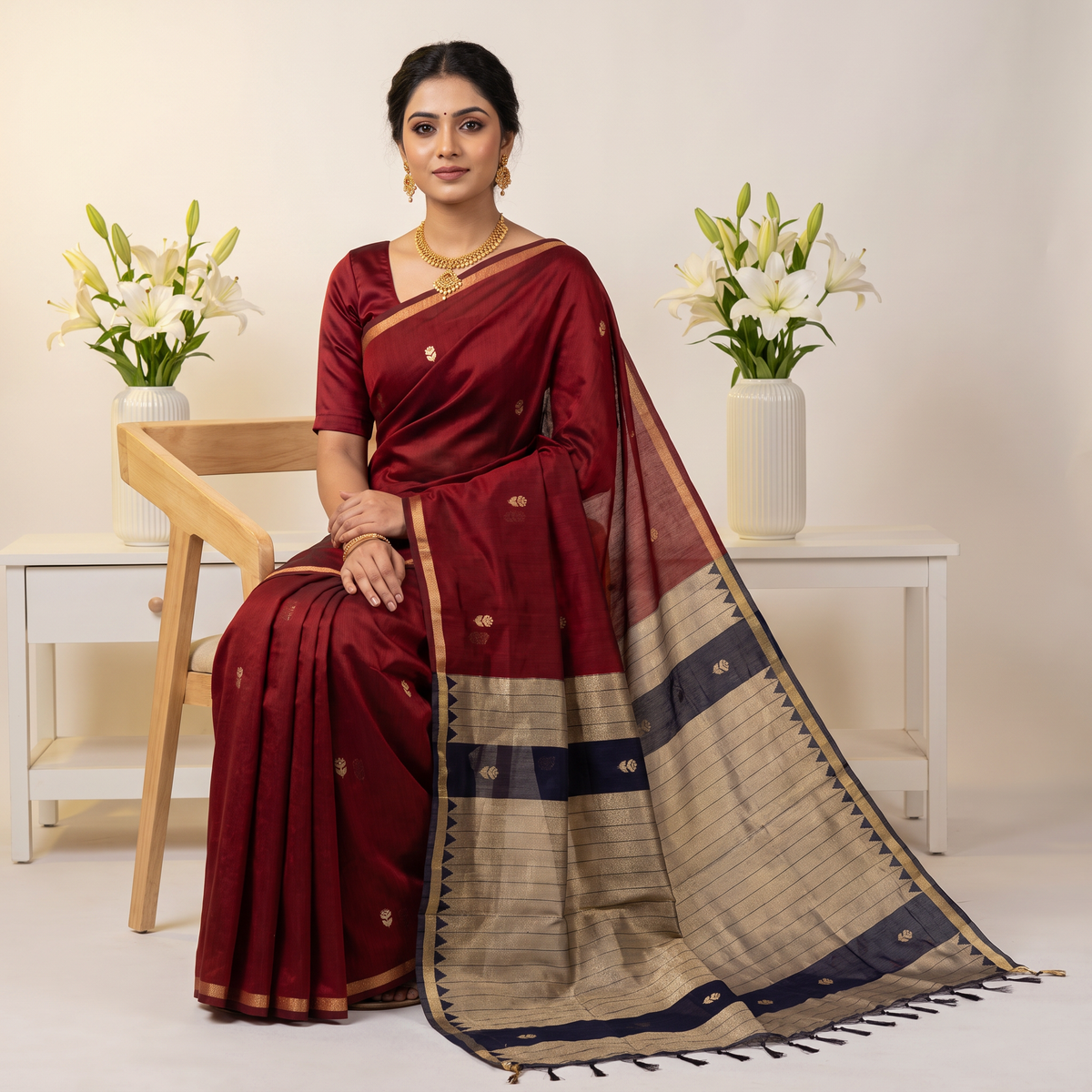 Women's Traditional Chanderi Cotton Linen Blend Saree with Zari Woven Border & Unstitched Blouse Piece.