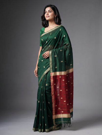 Women's Maheshwari Cotton Blend Woven Zari Saree with Unstitched Blouse Piece.