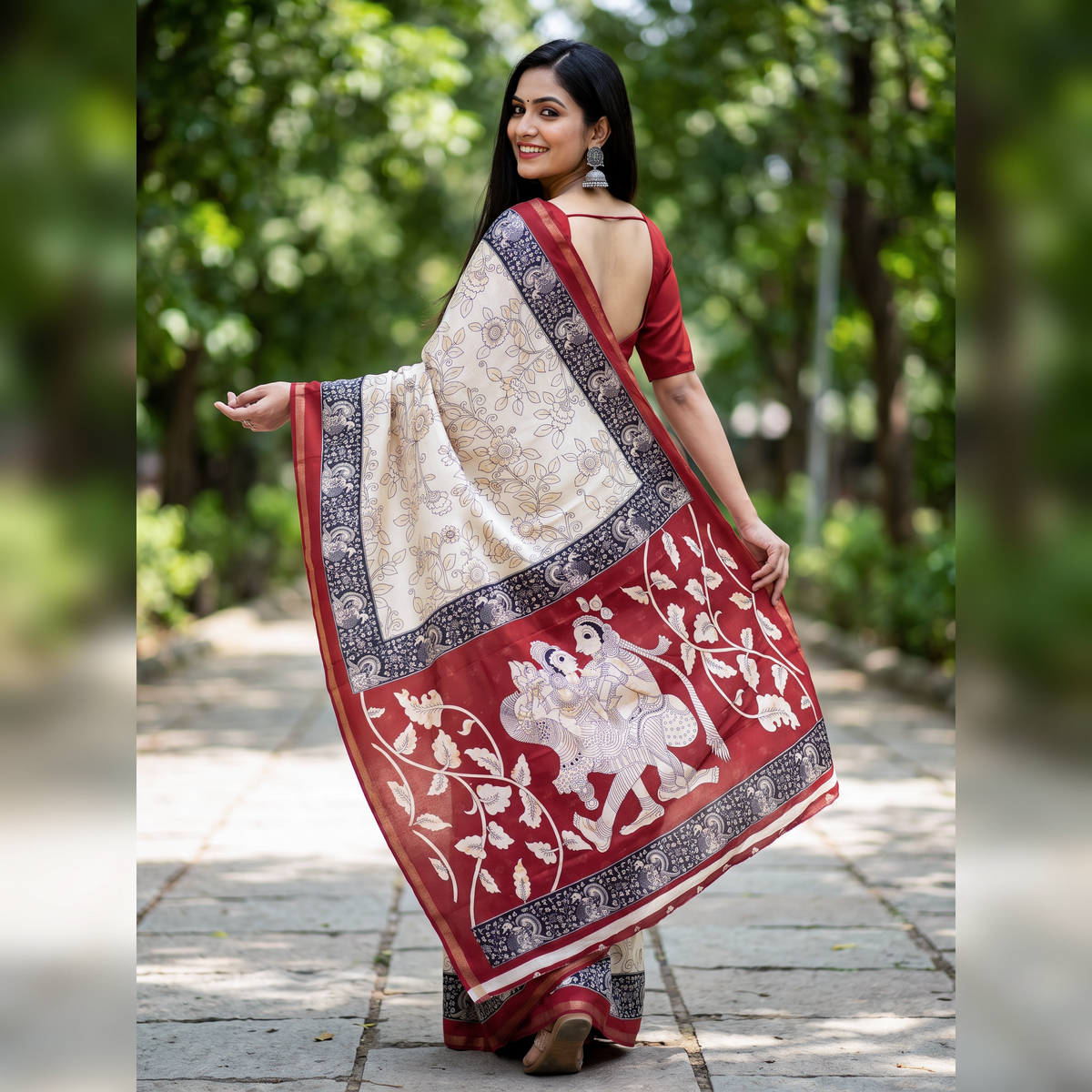 Women's Cream and Maroon Cotton Saree with Traditional Print.