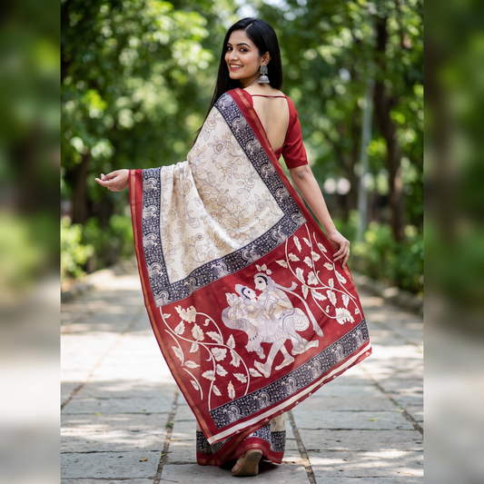 Women's Cream and Maroon Cotton Saree with Traditional Print.