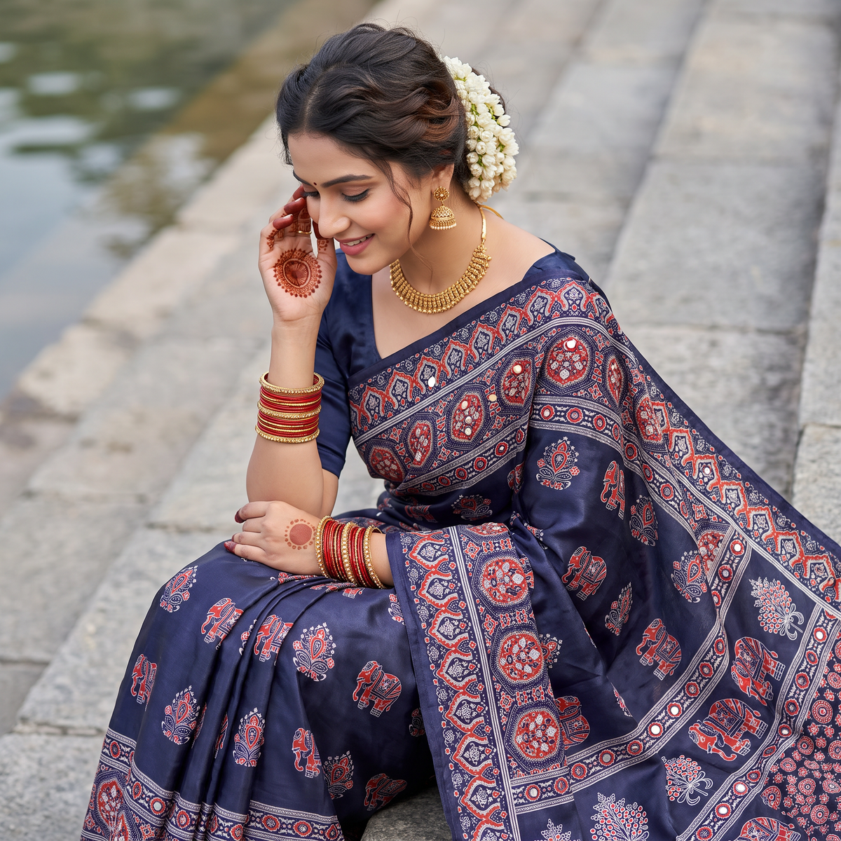 Shri Hari Sarees Women's Ethnic Ajrakh Mirror Printed Art Silk Saree with Unstitched Blouse Piece.